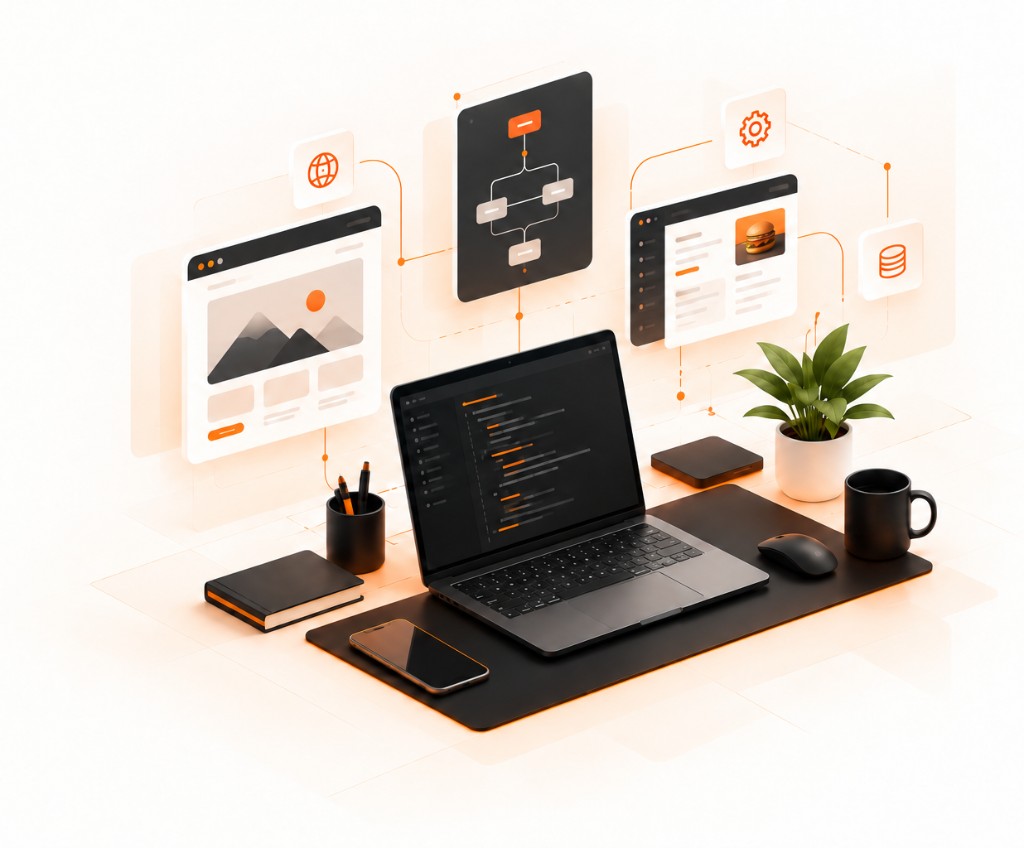 A workspace with a website, a digital menu, and an automation flow.